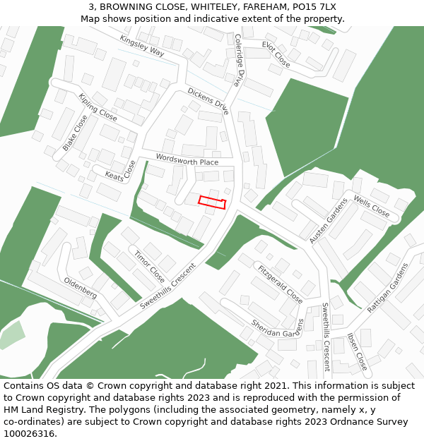 3, BROWNING CLOSE, WHITELEY, FAREHAM, PO15 7LX: Location map and indicative extent of plot