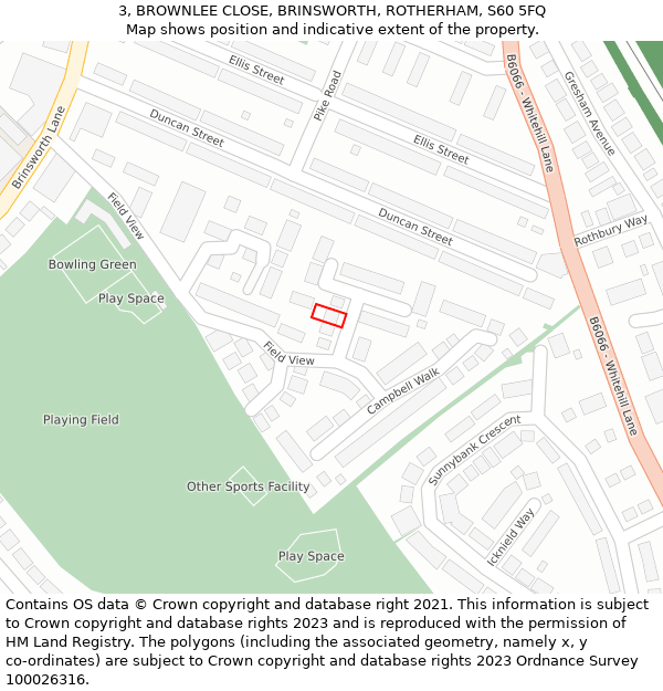 3, BROWNLEE CLOSE, BRINSWORTH, ROTHERHAM, S60 5FQ: Location map and indicative extent of plot