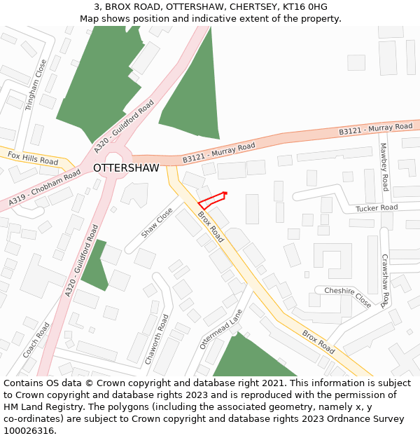 3, BROX ROAD, OTTERSHAW, CHERTSEY, KT16 0HG: Location map and indicative extent of plot