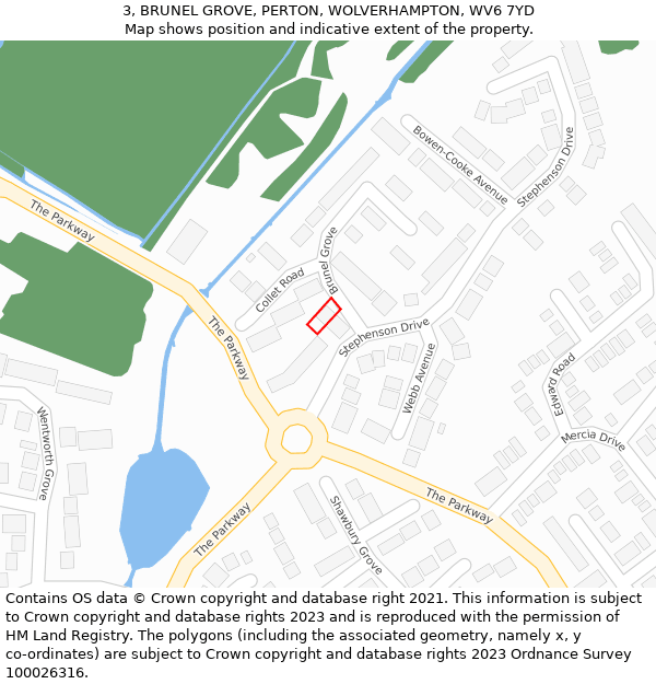 3, BRUNEL GROVE, PERTON, WOLVERHAMPTON, WV6 7YD: Location map and indicative extent of plot