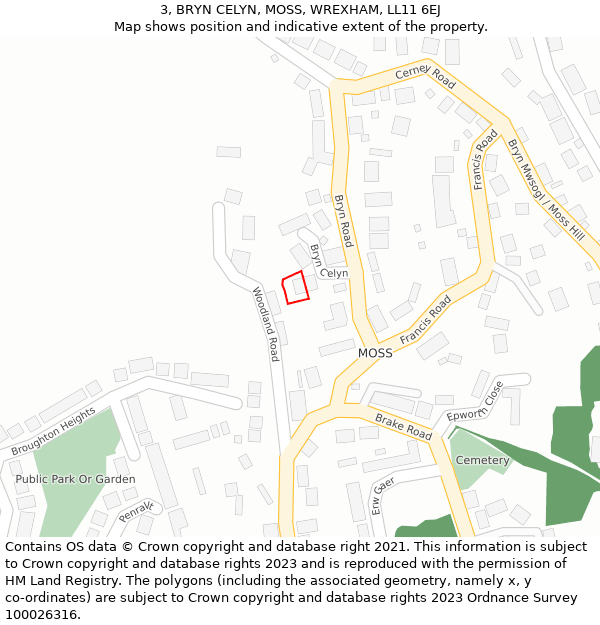 3, BRYN CELYN, MOSS, WREXHAM, LL11 6EJ: Location map and indicative extent of plot