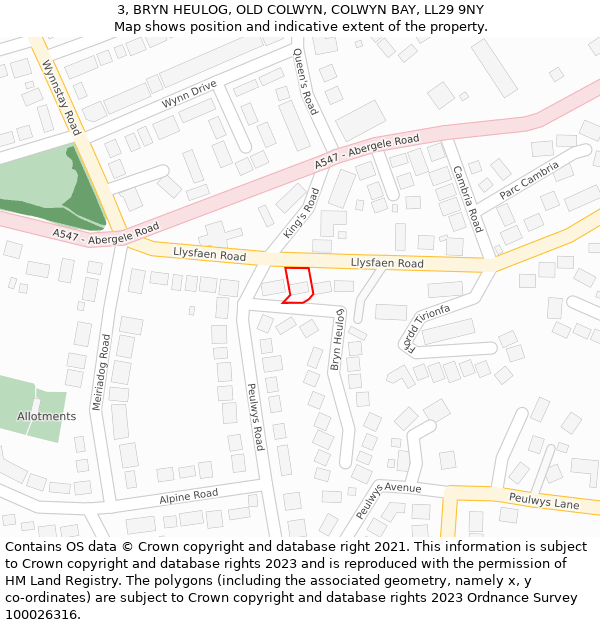 3, BRYN HEULOG, OLD COLWYN, COLWYN BAY, LL29 9NY: Location map and indicative extent of plot