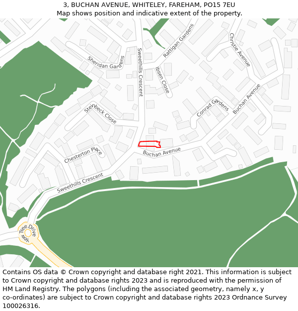 3, BUCHAN AVENUE, WHITELEY, FAREHAM, PO15 7EU: Location map and indicative extent of plot