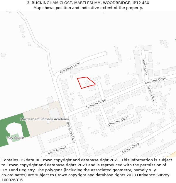 3, BUCKINGHAM CLOSE, MARTLESHAM, WOODBRIDGE, IP12 4SX: Location map and indicative extent of plot