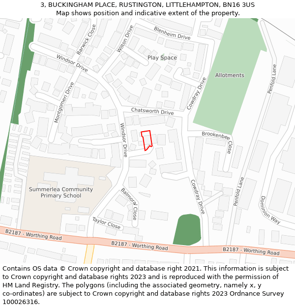 3, BUCKINGHAM PLACE, RUSTINGTON, LITTLEHAMPTON, BN16 3US: Location map and indicative extent of plot