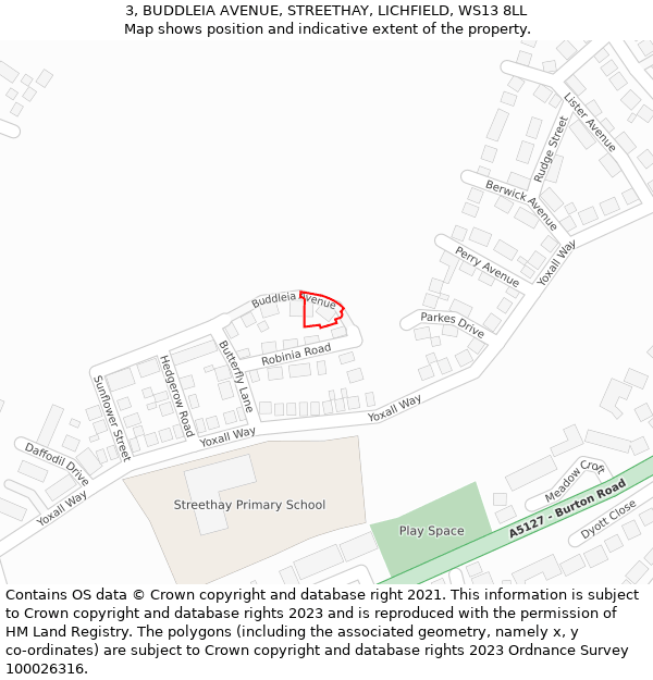 3, BUDDLEIA AVENUE, STREETHAY, LICHFIELD, WS13 8LL: Location map and indicative extent of plot