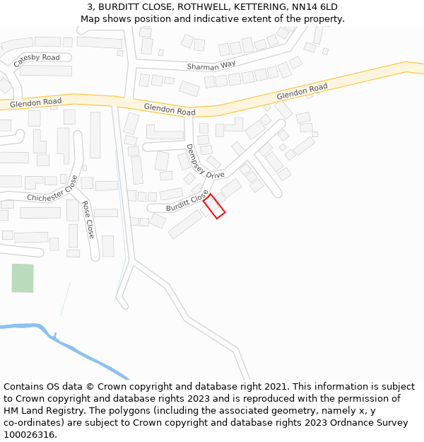3, BURDITT CLOSE, ROTHWELL, KETTERING, NN14 6LD: Location map and indicative extent of plot