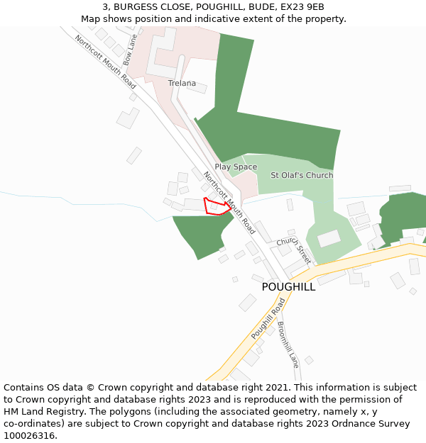 3, BURGESS CLOSE, POUGHILL, BUDE, EX23 9EB: Location map and indicative extent of plot