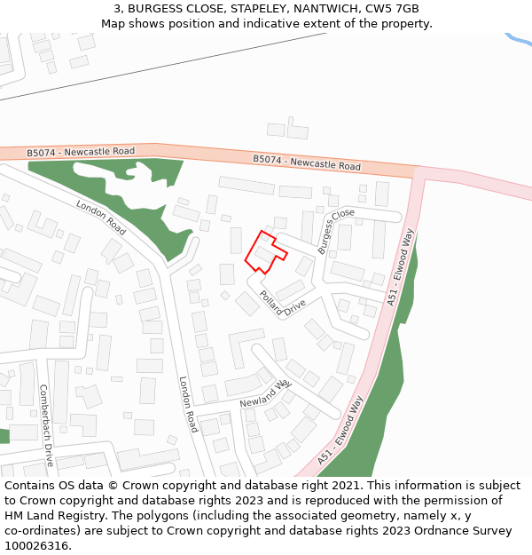 3, BURGESS CLOSE, STAPELEY, NANTWICH, CW5 7GB: Location map and indicative extent of plot