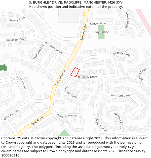 3, BURGHLEY DRIVE, RADCLIFFE, MANCHESTER, M26 3XY: Location map and indicative extent of plot