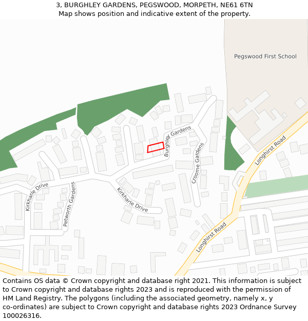 3, BURGHLEY GARDENS, PEGSWOOD, MORPETH, NE61 6TN: Location map and indicative extent of plot