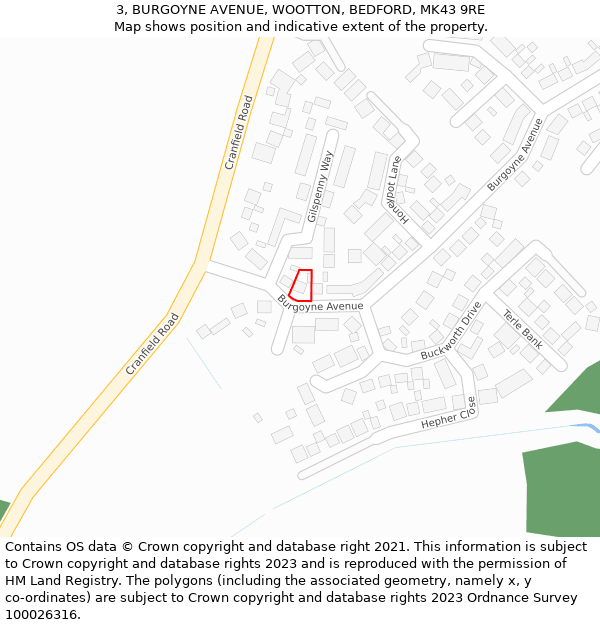 3, BURGOYNE AVENUE, WOOTTON, BEDFORD, MK43 9RE: Location map and indicative extent of plot