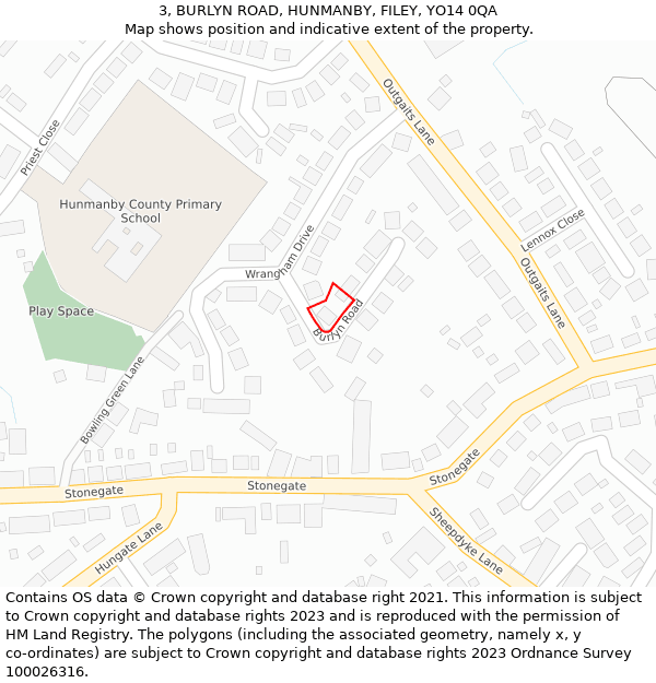 3, BURLYN ROAD, HUNMANBY, FILEY, YO14 0QA: Location map and indicative extent of plot