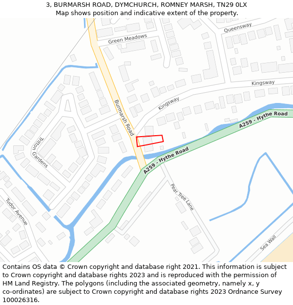 3, BURMARSH ROAD, DYMCHURCH, ROMNEY MARSH, TN29 0LX: Location map and indicative extent of plot