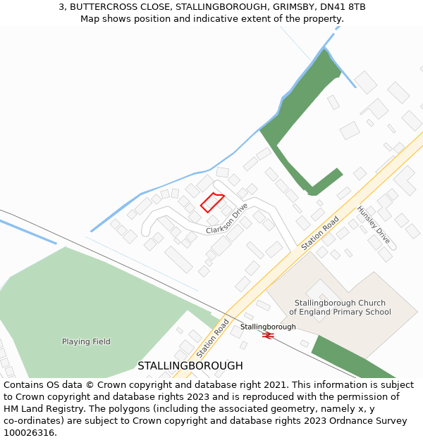 3, BUTTERCROSS CLOSE, STALLINGBOROUGH, GRIMSBY, DN41 8TB: Location map and indicative extent of plot