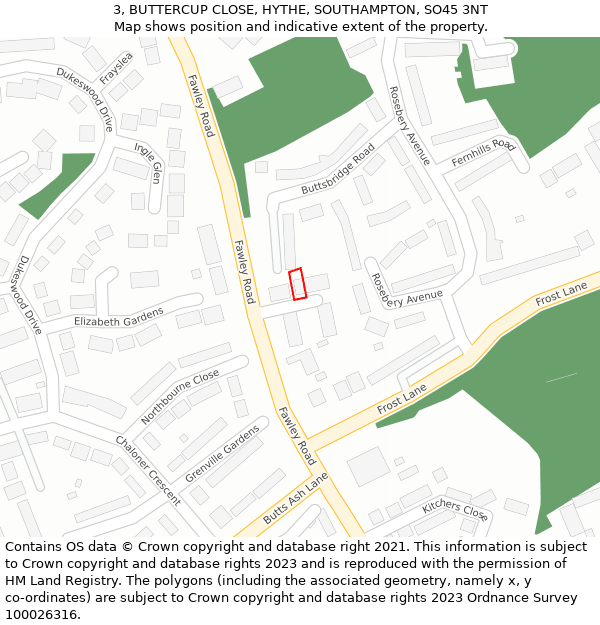 3, BUTTERCUP CLOSE, HYTHE, SOUTHAMPTON, SO45 3NT: Location map and indicative extent of plot