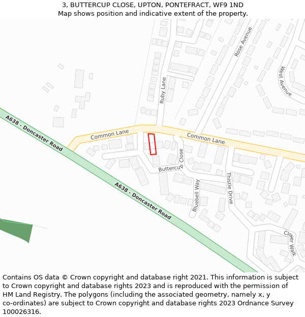 3, BUTTERCUP CLOSE, UPTON, PONTEFRACT, WF9 1ND: Location map and indicative extent of plot