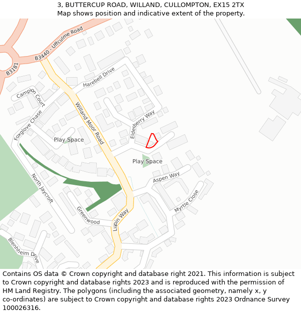 3, BUTTERCUP ROAD, WILLAND, CULLOMPTON, EX15 2TX: Location map and indicative extent of plot