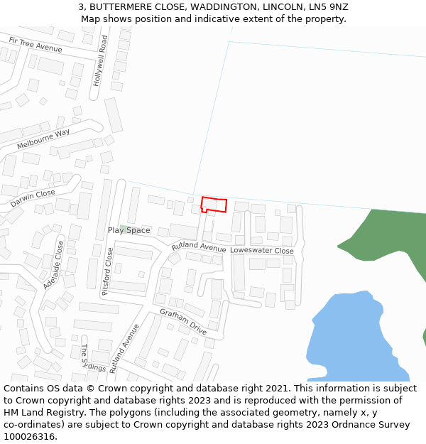 3, BUTTERMERE CLOSE, WADDINGTON, LINCOLN, LN5 9NZ: Location map and indicative extent of plot