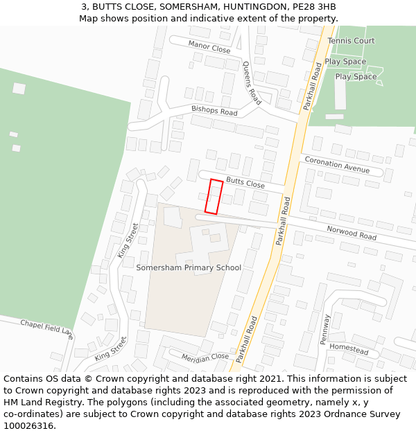 3, BUTTS CLOSE, SOMERSHAM, HUNTINGDON, PE28 3HB: Location map and indicative extent of plot