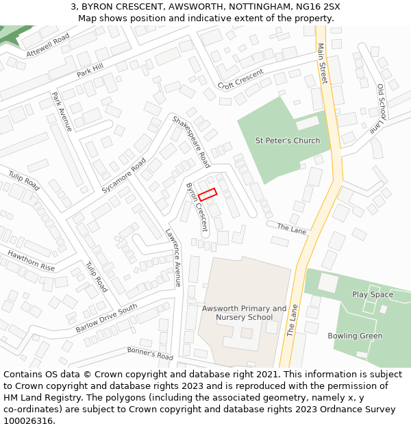 3, BYRON CRESCENT, AWSWORTH, NOTTINGHAM, NG16 2SX: Location map and indicative extent of plot