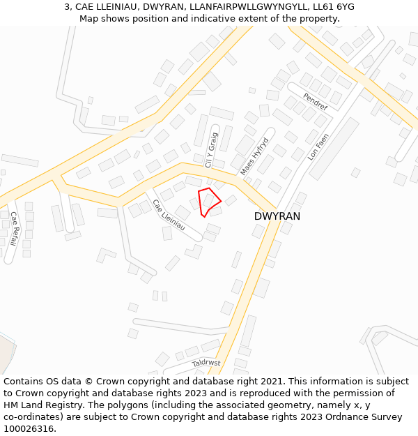 3, CAE LLEINIAU, DWYRAN, LLANFAIRPWLLGWYNGYLL, LL61 6YG: Location map and indicative extent of plot