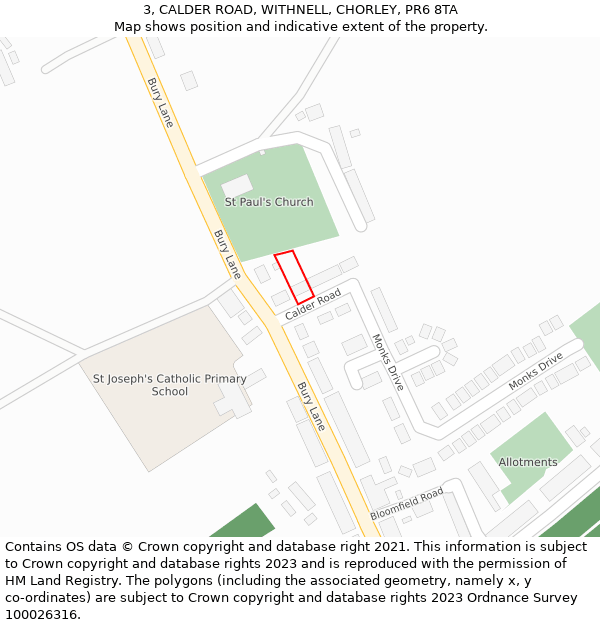 3, CALDER ROAD, WITHNELL, CHORLEY, PR6 8TA: Location map and indicative extent of plot