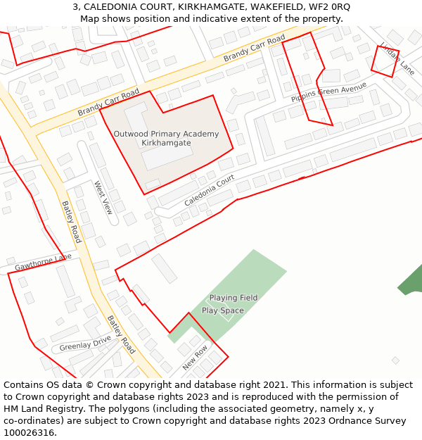 3, CALEDONIA COURT, KIRKHAMGATE, WAKEFIELD, WF2 0RQ: Location map and indicative extent of plot