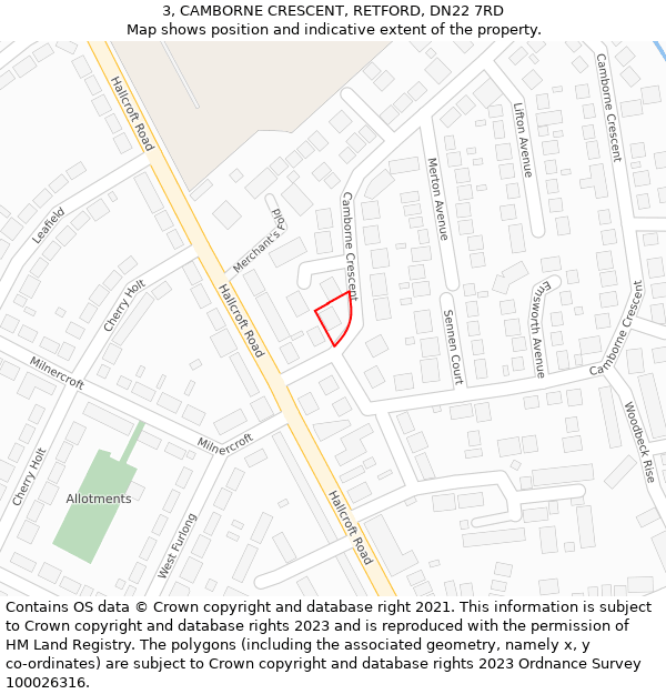 3, CAMBORNE CRESCENT, RETFORD, DN22 7RD: Location map and indicative extent of plot