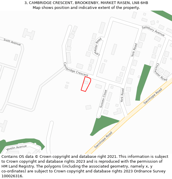 3, CAMBRIDGE CRESCENT, BROOKENBY, MARKET RASEN, LN8 6HB: Location map and indicative extent of plot
