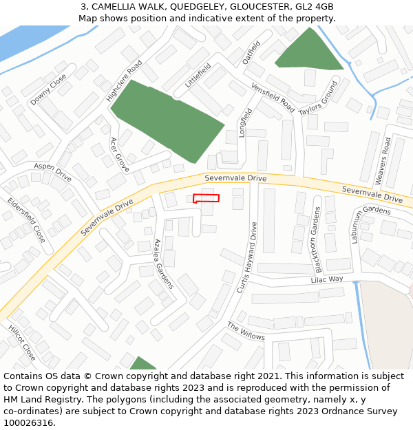 3, CAMELLIA WALK, QUEDGELEY, GLOUCESTER, GL2 4GB: Location map and indicative extent of plot