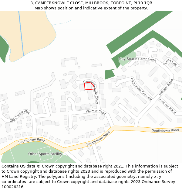 3, CAMPERKNOWLE CLOSE, MILLBROOK, TORPOINT, PL10 1QB: Location map and indicative extent of plot