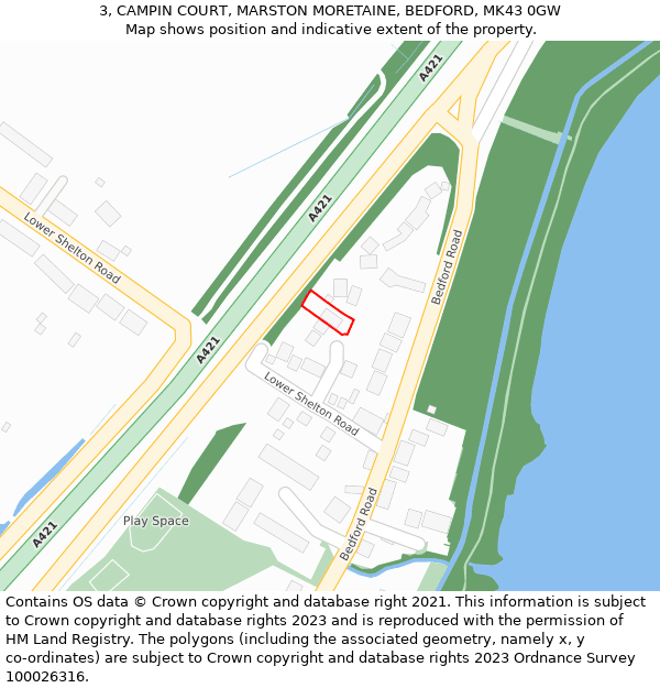3, CAMPIN COURT, MARSTON MORETAINE, BEDFORD, MK43 0GW: Location map and indicative extent of plot
