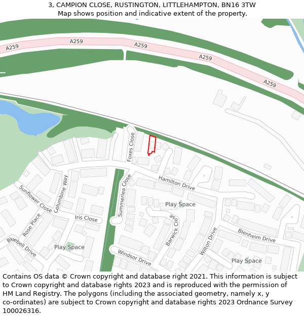 3, CAMPION CLOSE, RUSTINGTON, LITTLEHAMPTON, BN16 3TW: Location map and indicative extent of plot