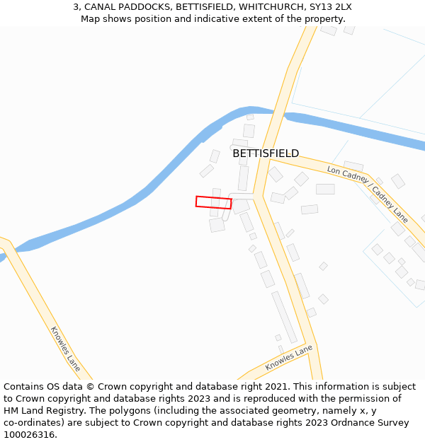 3, CANAL PADDOCKS, BETTISFIELD, WHITCHURCH, SY13 2LX: Location map and indicative extent of plot