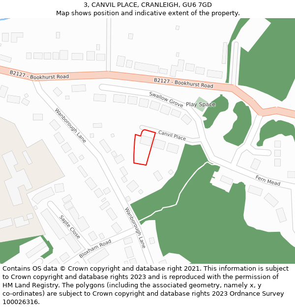 3, CANVIL PLACE, CRANLEIGH, GU6 7GD: Location map and indicative extent of plot