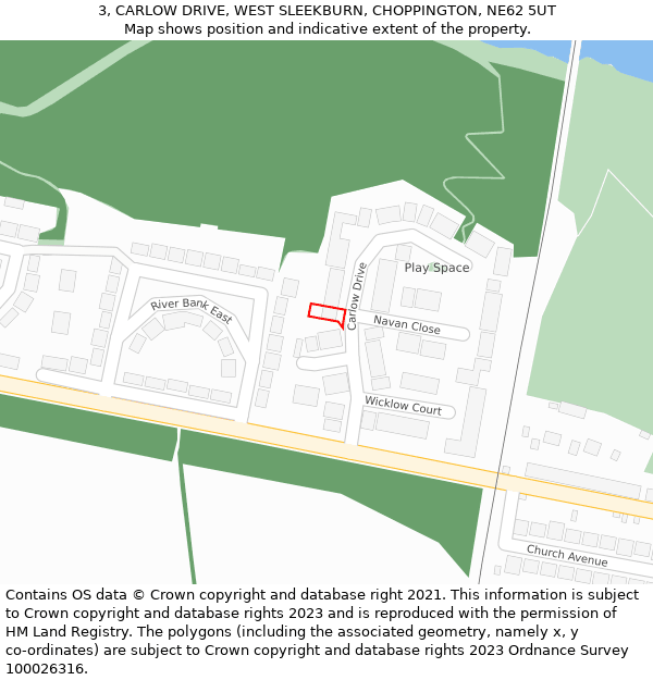 3, CARLOW DRIVE, WEST SLEEKBURN, CHOPPINGTON, NE62 5UT: Location map and indicative extent of plot