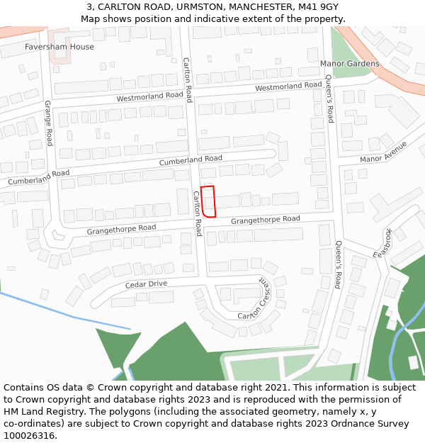 3, CARLTON ROAD, URMSTON, MANCHESTER, M41 9GY: Location map and indicative extent of plot