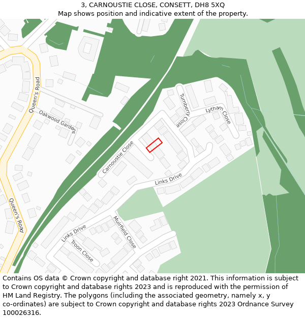 3, CARNOUSTIE CLOSE, CONSETT, DH8 5XQ: Location map and indicative extent of plot