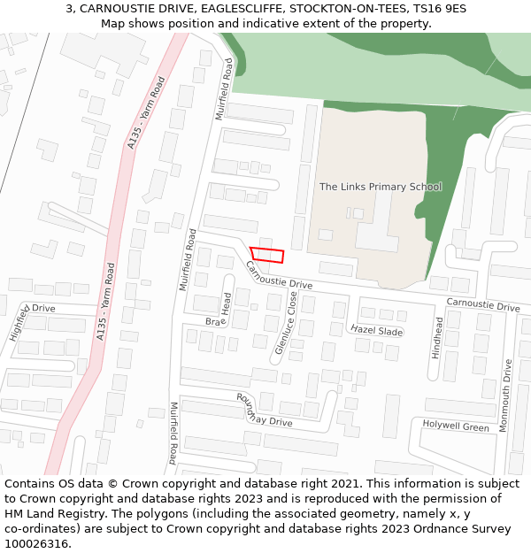 3, CARNOUSTIE DRIVE, EAGLESCLIFFE, STOCKTON-ON-TEES, TS16 9ES: Location map and indicative extent of plot