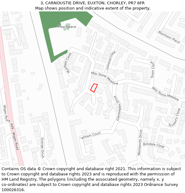 3, CARNOUSTIE DRIVE, EUXTON, CHORLEY, PR7 6FR: Location map and indicative extent of plot