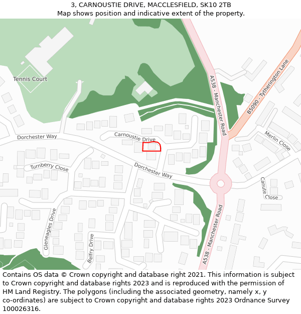 3, CARNOUSTIE DRIVE, MACCLESFIELD, SK10 2TB: Location map and indicative extent of plot