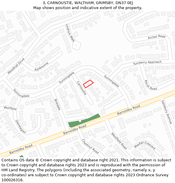 3, CARNOUSTIE, WALTHAM, GRIMSBY, DN37 0EJ: Location map and indicative extent of plot