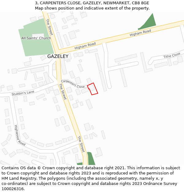 3, CARPENTERS CLOSE, GAZELEY, NEWMARKET, CB8 8GE: Location map and indicative extent of plot