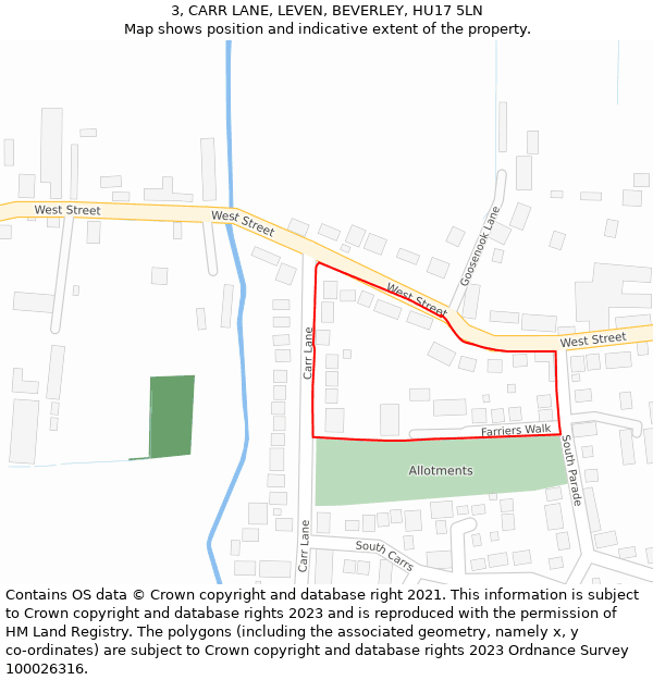 3, CARR LANE, LEVEN, BEVERLEY, HU17 5LN: Location map and indicative extent of plot