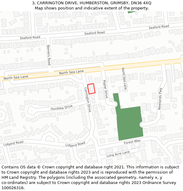 3, CARRINGTON DRIVE, HUMBERSTON, GRIMSBY, DN36 4XQ: Location map and indicative extent of plot