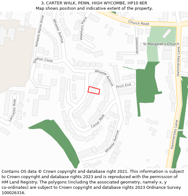 3, CARTER WALK, PENN, HIGH WYCOMBE, HP10 8ER: Location map and indicative extent of plot