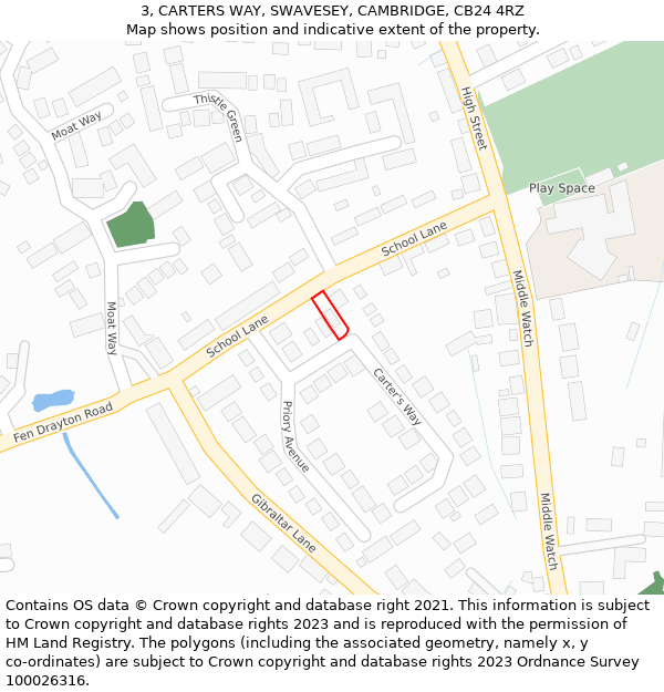 3, CARTERS WAY, SWAVESEY, CAMBRIDGE, CB24 4RZ: Location map and indicative extent of plot