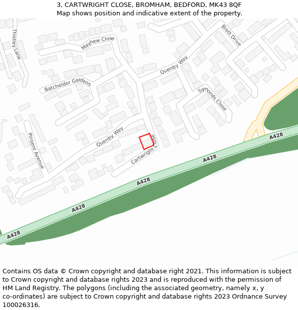 3, CARTWRIGHT CLOSE, BROMHAM, BEDFORD, MK43 8QF: Location map and indicative extent of plot