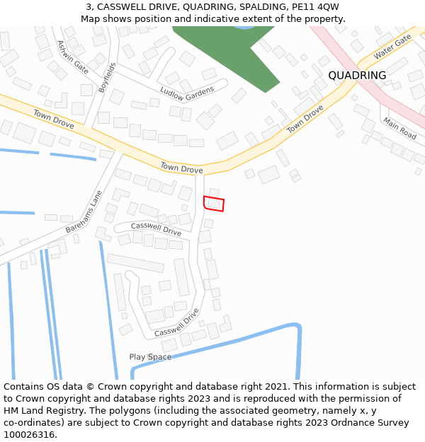 3, CASSWELL DRIVE, QUADRING, SPALDING, PE11 4QW: Location map and indicative extent of plot